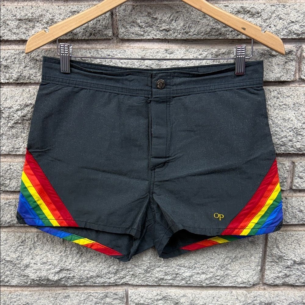 OP Black Swim Shorts with Rainbow Stripe Accents